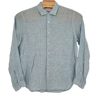 Orlebar Brown Men's XXL Giles Pure Linen‎ Long Sleeve Button Up Shirt Light Blue